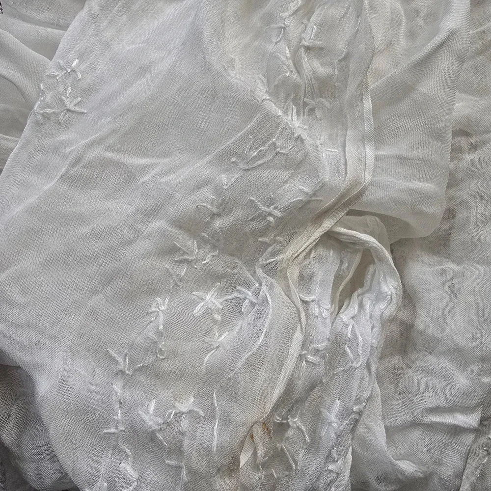 White Glass Embroidered Cottage Fairy Oversized Whimsy Boho Floral Scarf Wrap OS